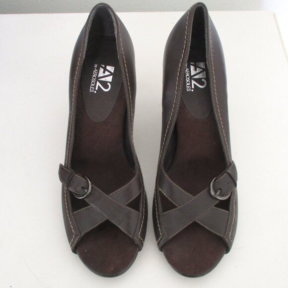 A2 by Aerosoles "2 Simple Leaf" Womens Brown Leather Open-Toe 3" Pump NWOB - 9M - Picture 4 of 10
